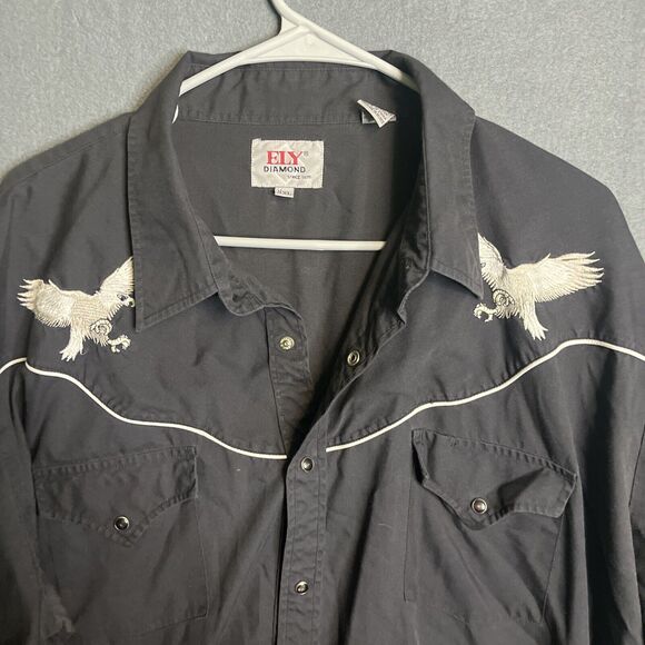 ELY Diamond Black XXL LS Western Casual‎ Shirt Embroidered Eagle Polyester Blend - Picture 3 of 10